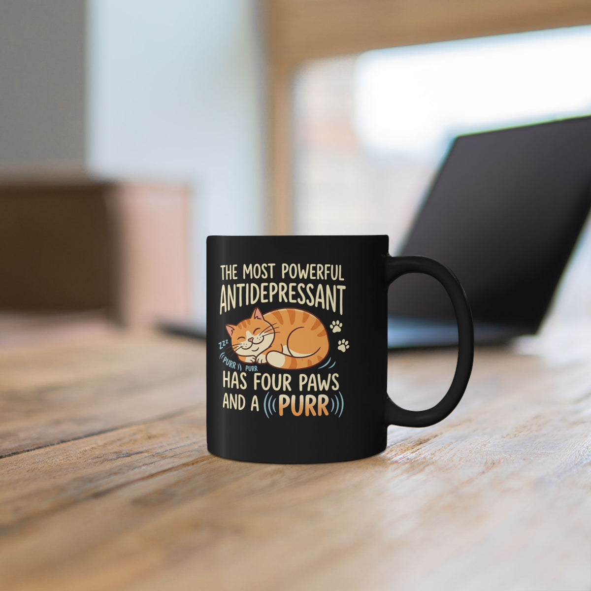 Cat Lover Black Mug — “The Most Powerful Antidepressant Has Four Paws and a Purr”