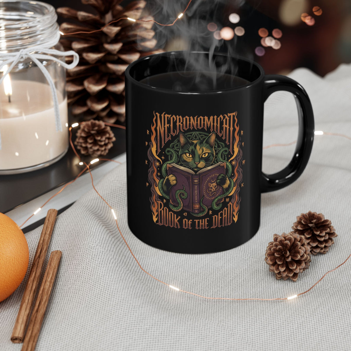 Necronomicat Occult Cat Black Mug — Dark Mystic Graphic Mug