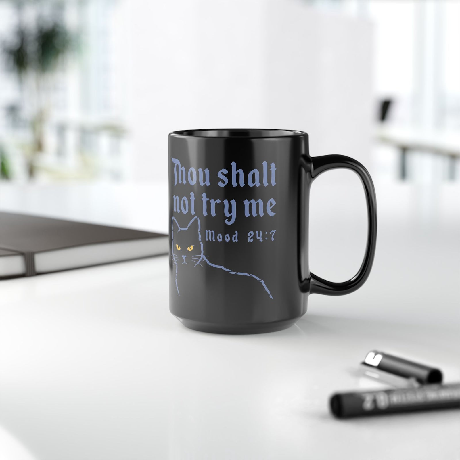 Thou Shalt Not Try Me Cat Black Mug — Bible Verse Cat Graphic Mug