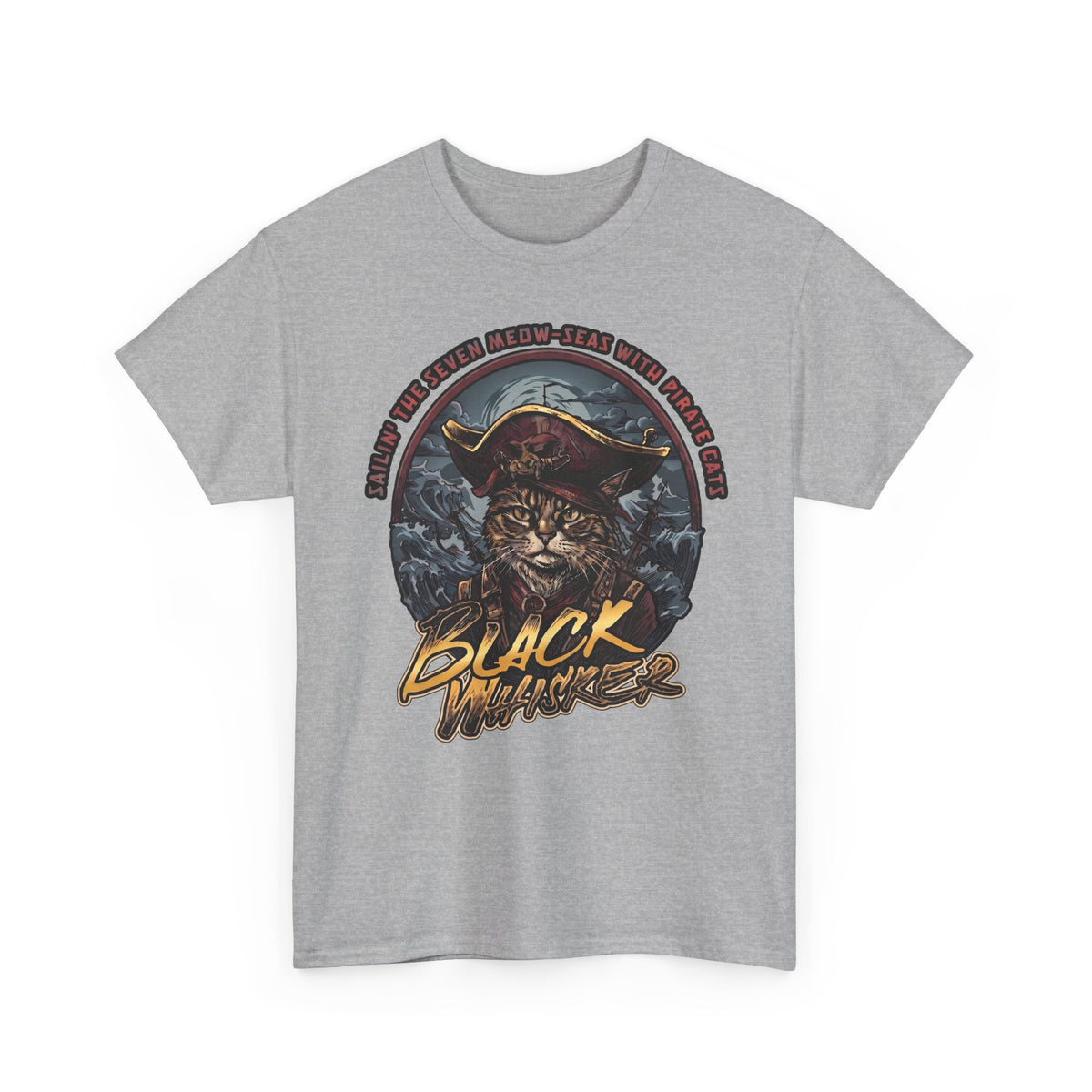 Black Whisker Pirate Cat T-Shirt — Funny Nautical Seven Meow-Seas Tee