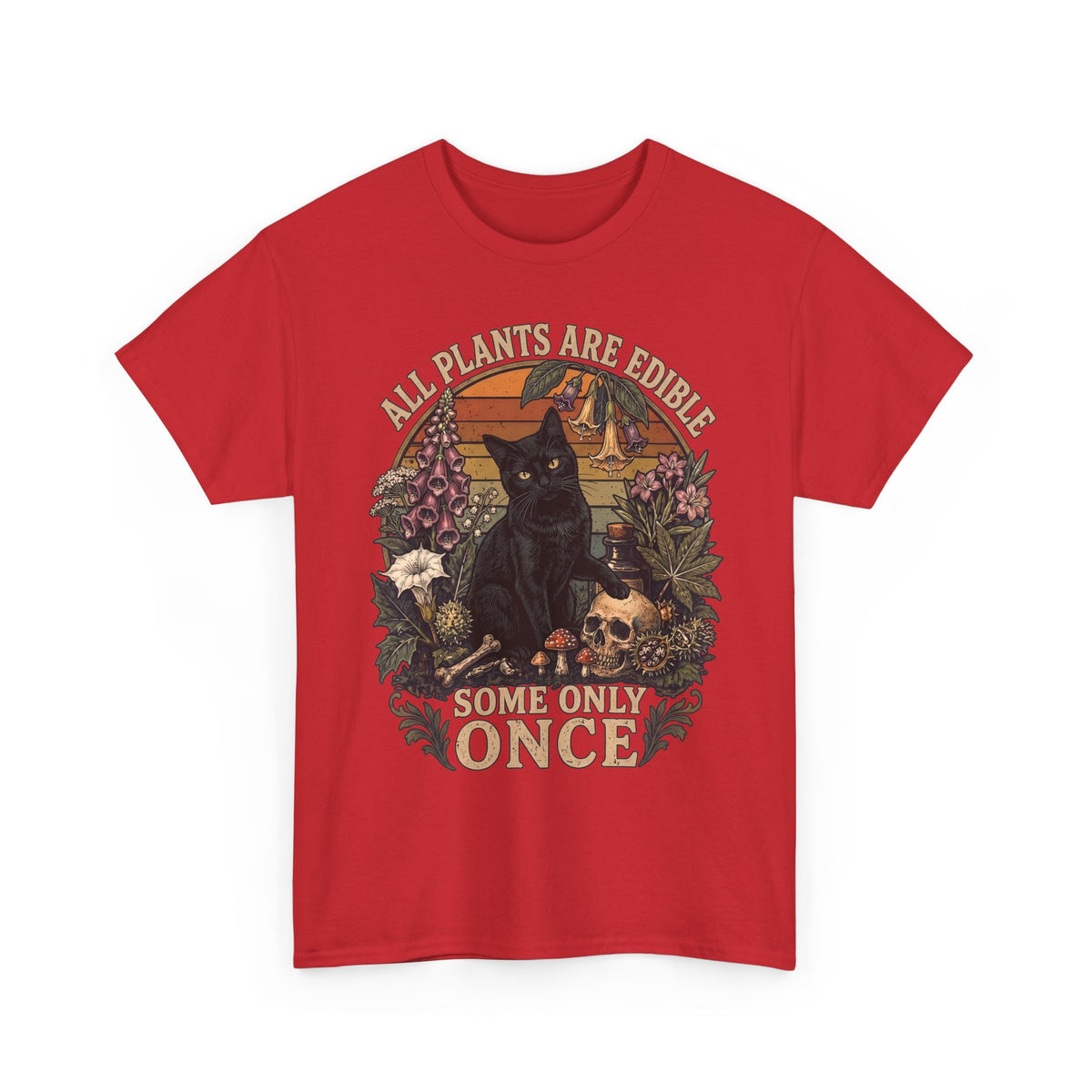 All Plants Are Edible Some Only Once T-Shirt — Funny Black Cat Botanical Tee