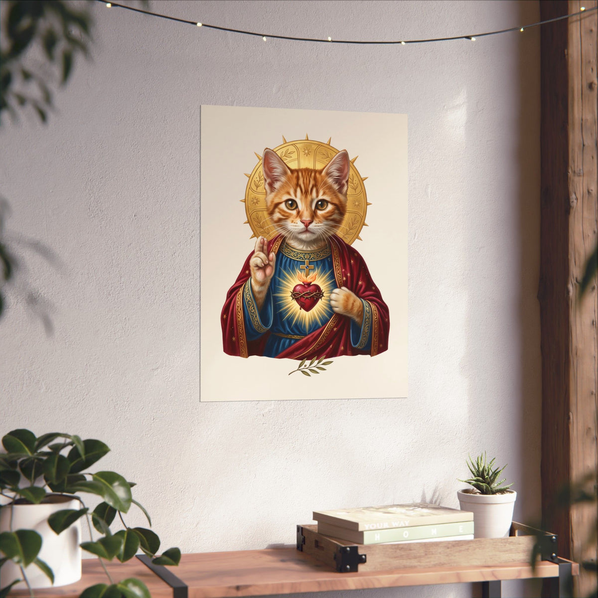 Sacred Heart Cat Poster — Christian Religious Cat Lover Graphic Poster