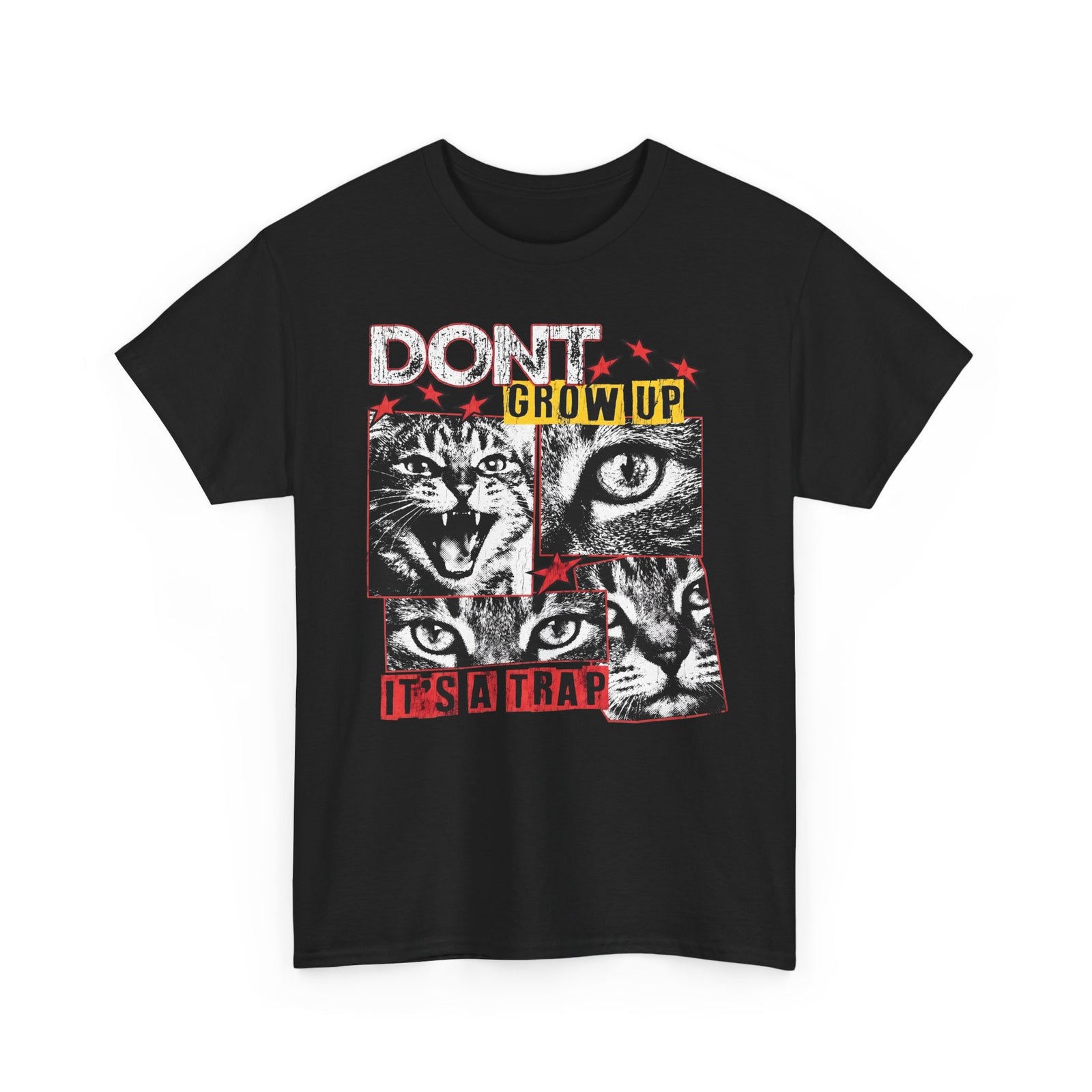 Don't Grow Up It's A Trap T-Shirt — Funny Grunge Black and White Cat Tee