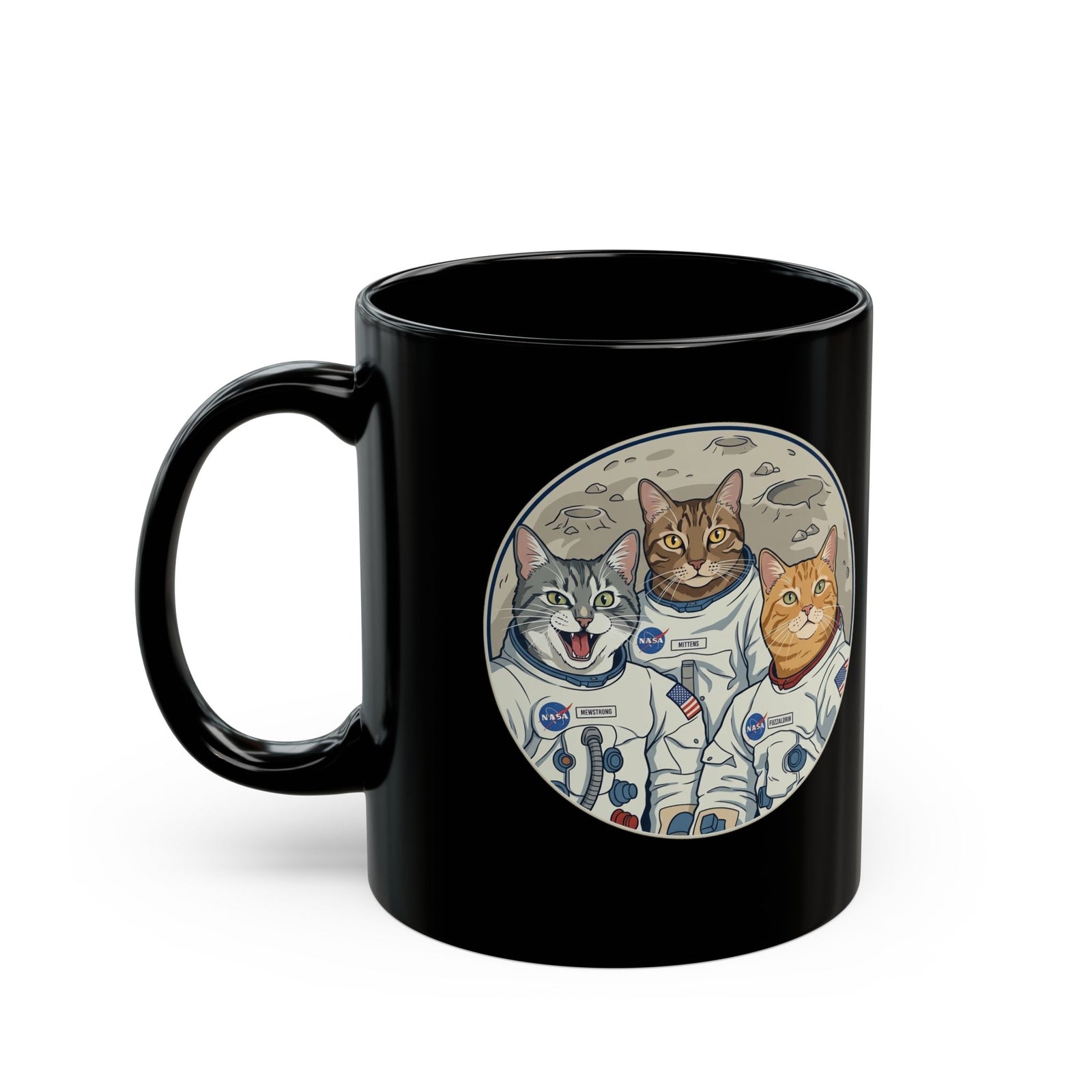 Sci‑Fi Astro Cat Black Mug — Space Cat Graphic Mug