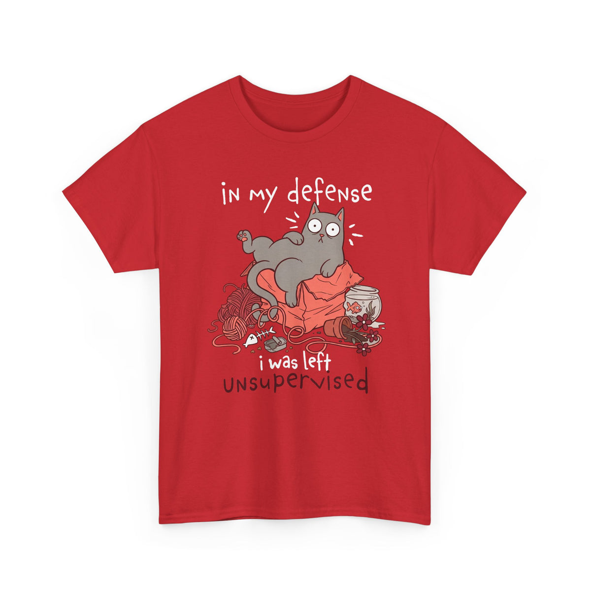 Cute Messy Cat T-Shirt — "In My Defense, I Was Left Unsupervised" Cat Tee