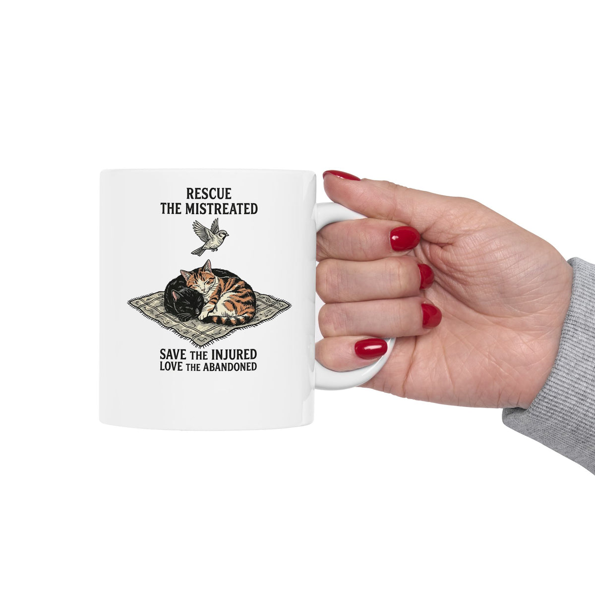 Cat Lover Ceramic Mug — "Rescue the Mistreated, Save the Injured, Love the Abandoned" Rescue Cat Mug