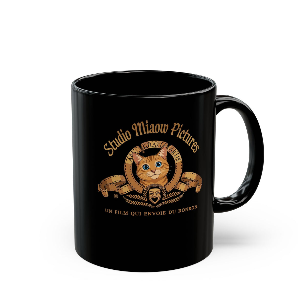 Retro Movie Lion Parody Cat Black Mug — Studio Miaow Pictures