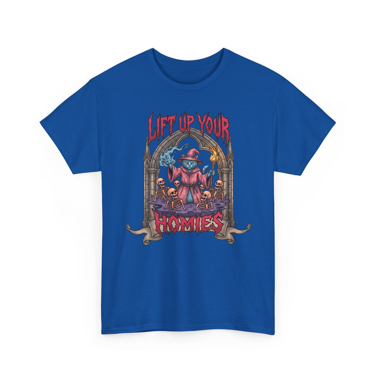 Lift Up Your Homies Wizard Cat T-Shirt — Necromancer Skeleton Feline Tee