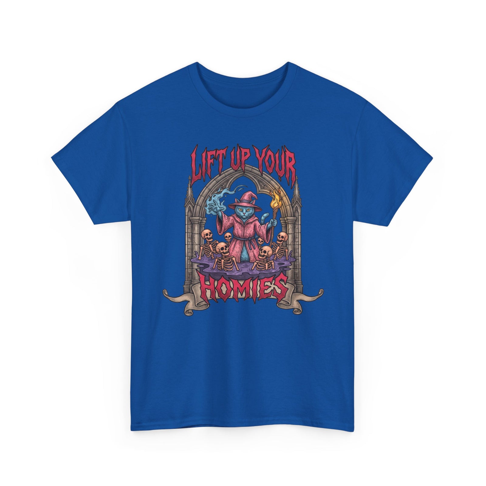 Lift Up Your Homies Wizard Cat T-Shirt — Necromancer Skeleton Feline Tee