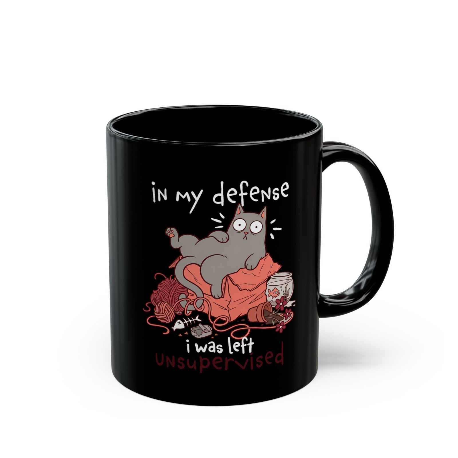Cute Messy Cat Black Mug — "In My Defense, I Was Left Unsupervised" Cat Mug