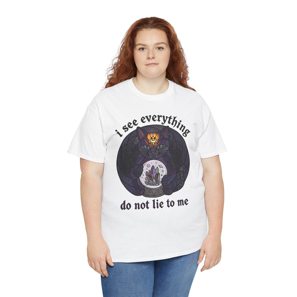 Mystic Fortune Teller Cat T-Shirt "I See Everything" Stained Glass Spiritual Kitten