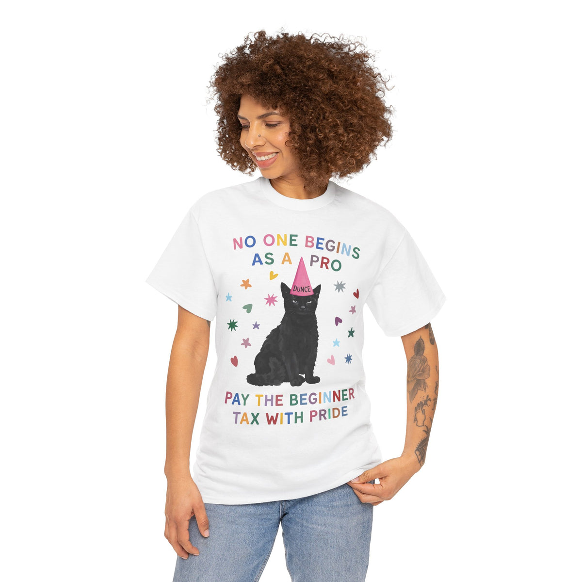 No One Begins As A Pro T-Shirt — Funny Black Cat Dunce Hat Beginner Tax Tee