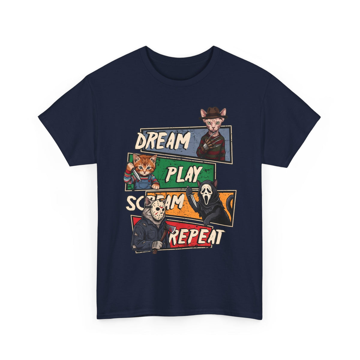 Dream Play Scream Repeat Horror Cats T-Shirt — Slasher Movie Icons Tee