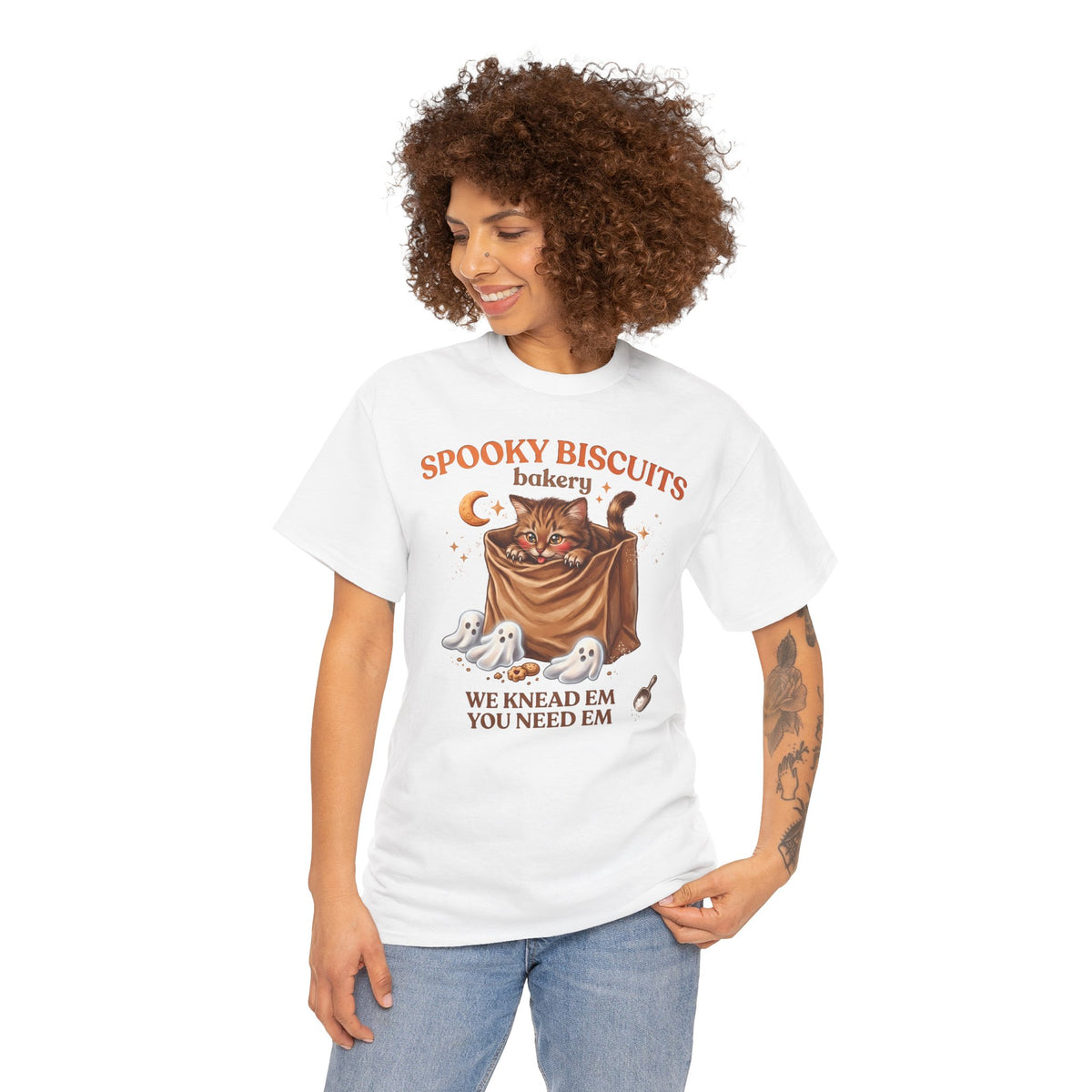 Spooky Biscuits Bakery Cute Tabby Cat T-Shirt — Whimsical Kneading Feline Tee