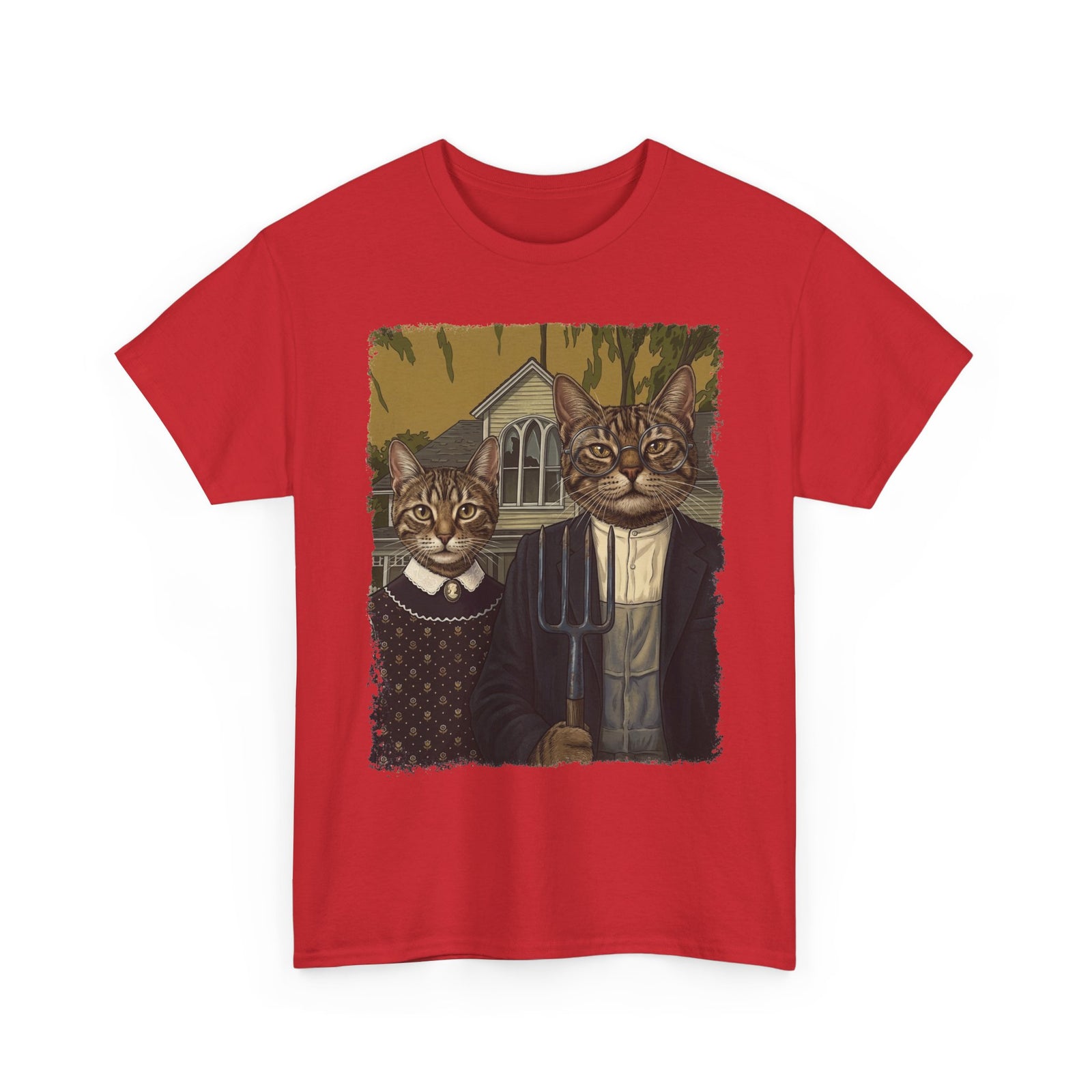Gothic Cat Couple Tee — Parody ‘American Gothic’ Cat Portrait T-Shirt