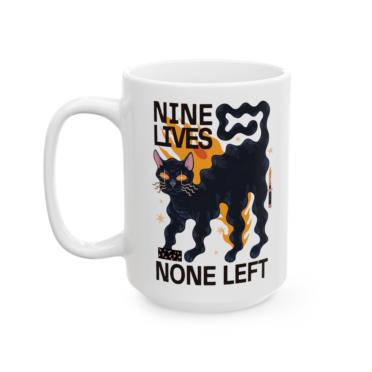 Nine Lives None Left Ceramic Mug — Edgy Spooky Black Cat Graphic Mug
