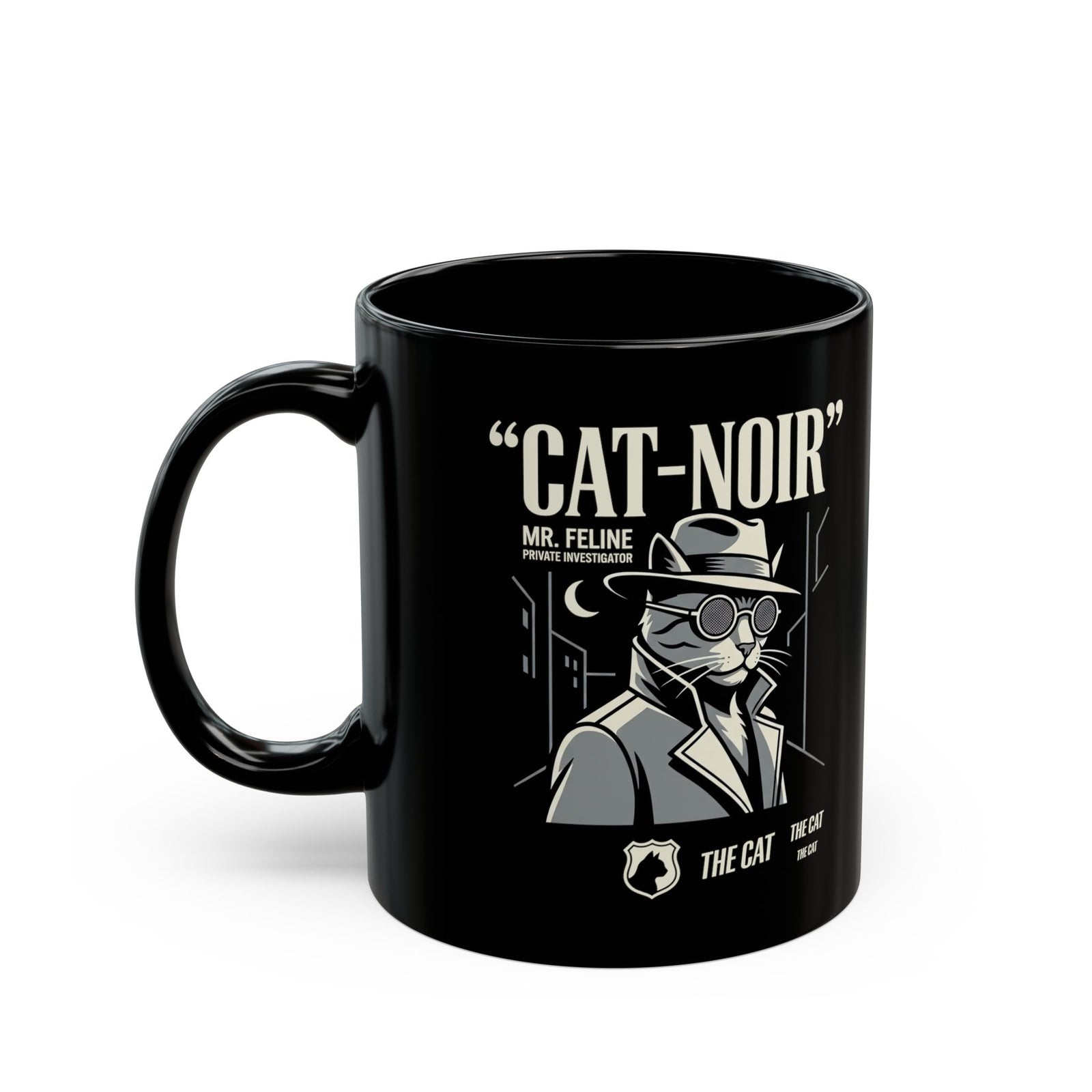 Detective Cat Black Mug — Vintage Noir Graphic Mug