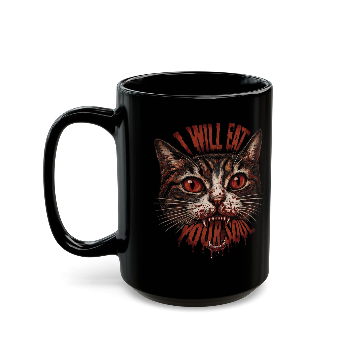 I Will Eat Your Soul Black Mug — Horror Demon Cat Graphic Mug