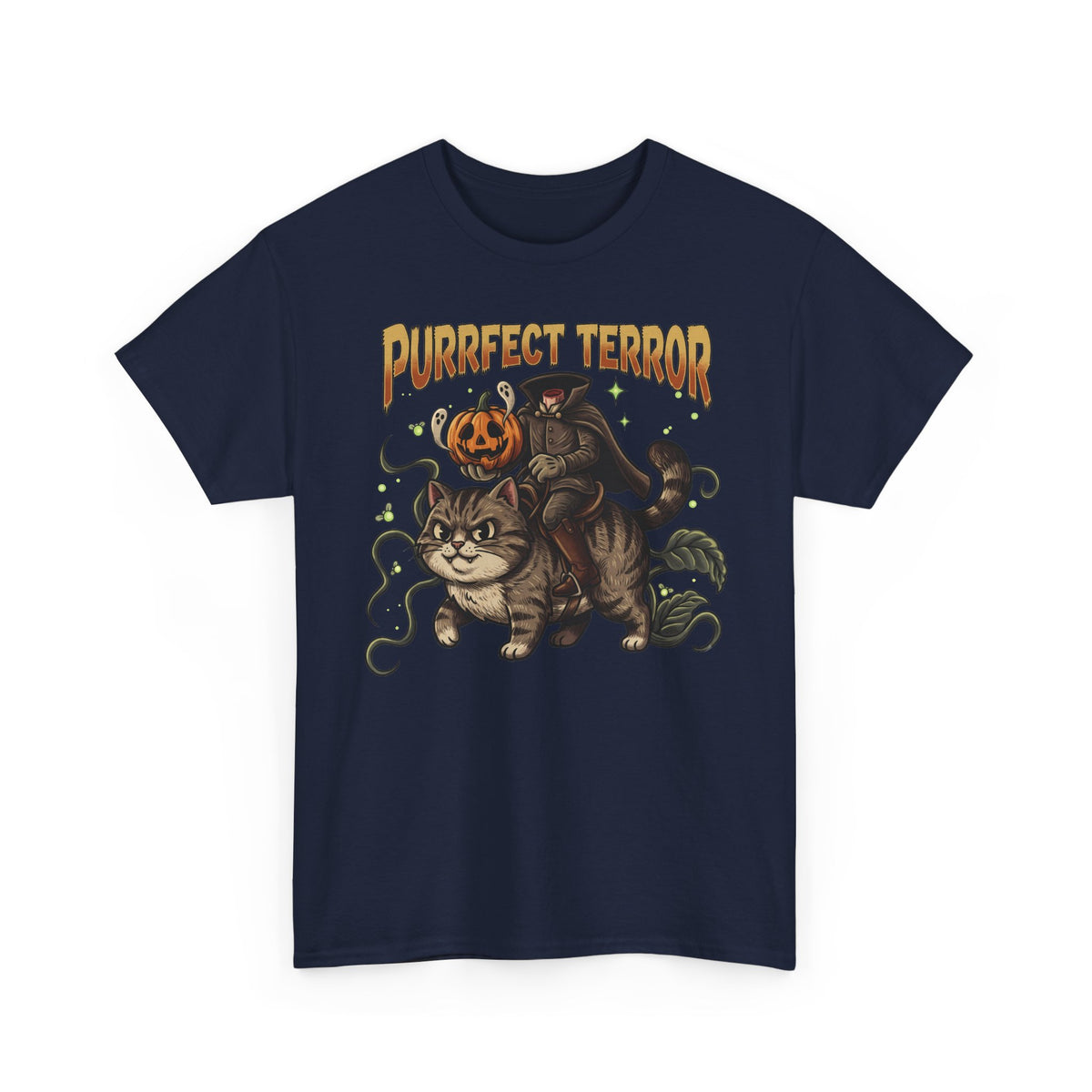 Purrfect Terror Headless Horseman Tabby Cat T-Shirt — Spooky Halloween Tee