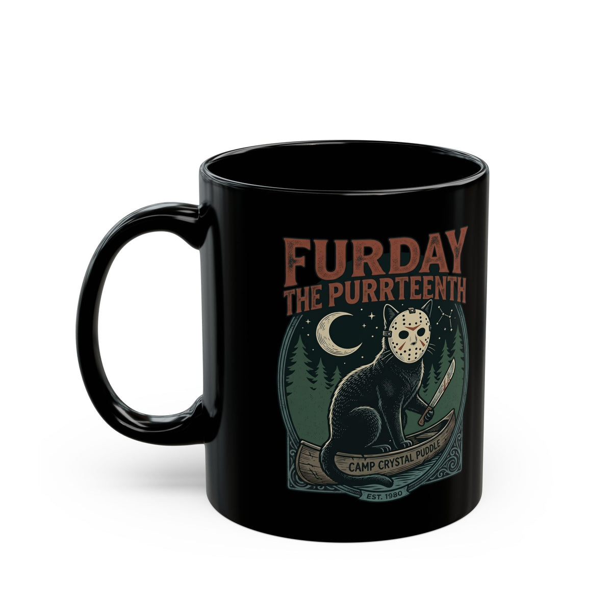 Horror Cat "Furday the Purrteenth" Black Mug