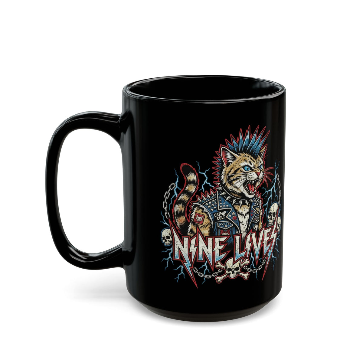 Nine Lives Cat Black Mug — Retro Feline Graphic Mug