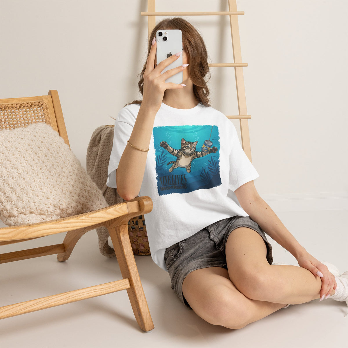 T-Shirt — 'Nine Lives' Diving Cat Graphic Tee