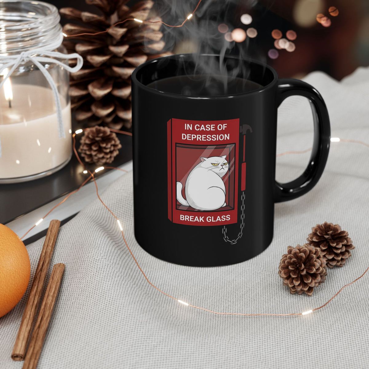 In Case Of Depression Break Glass Black Mug — Funny Grumpy White Cat Emergency Mug