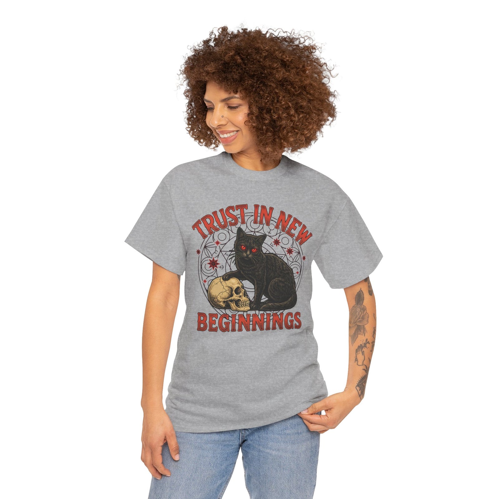 Trust In New Beginnings Cat T-Shirt — Occult Black Cat Skull Gothic Tee