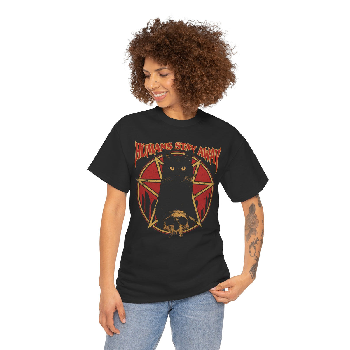 Humans Stay Away Black Cat T-Shirt — Heavy Metal Occult Pentagram Tee