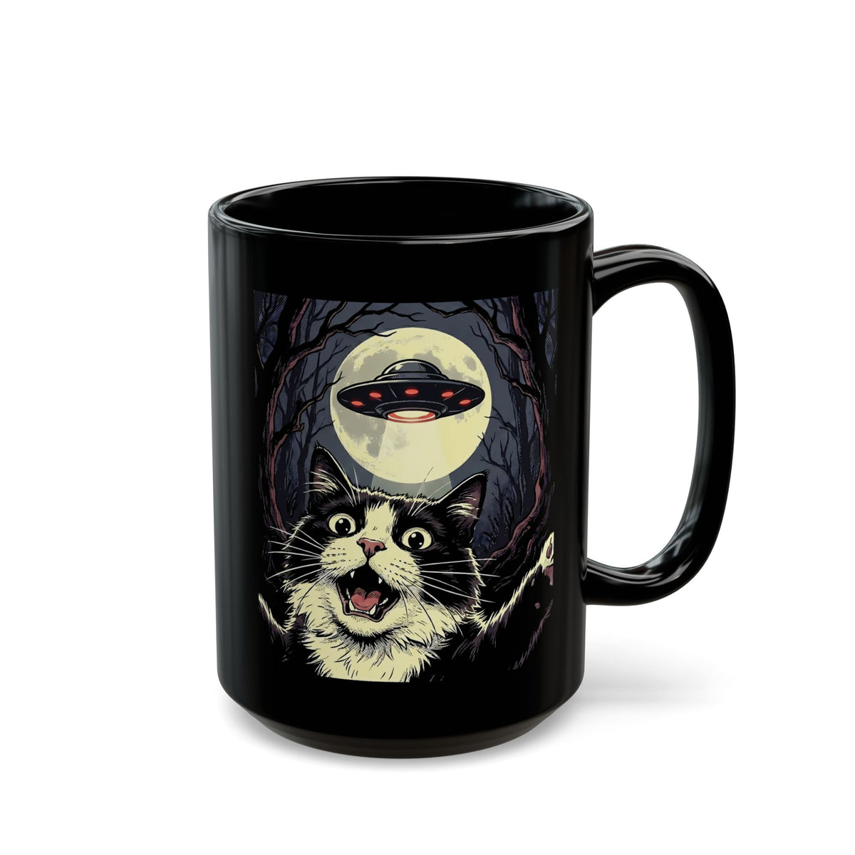 Cat Selfie With UFO Black Mug