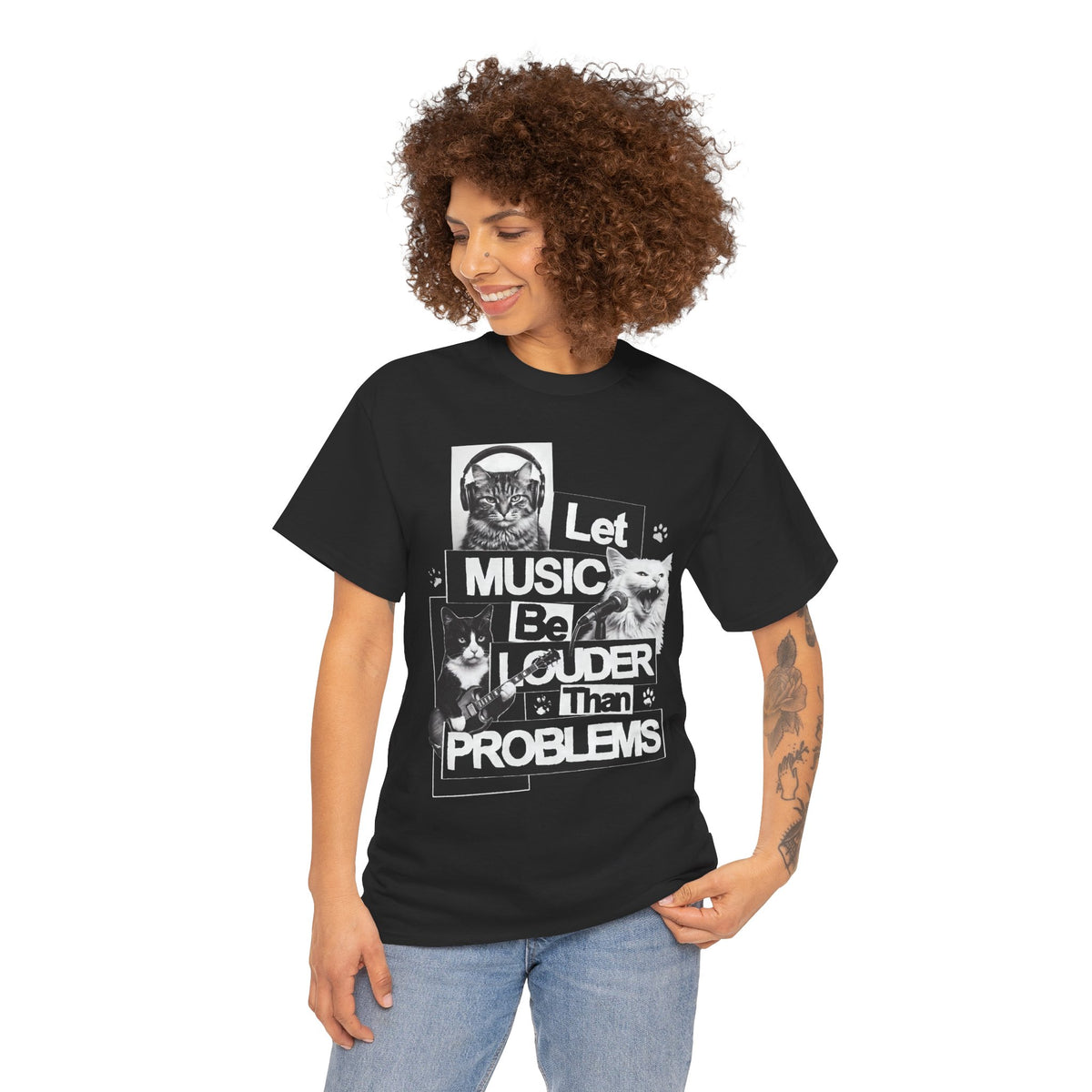 Let Music Be Louder Than Problems T-Shirt — Funny Grunge Rock Cat Band Tee