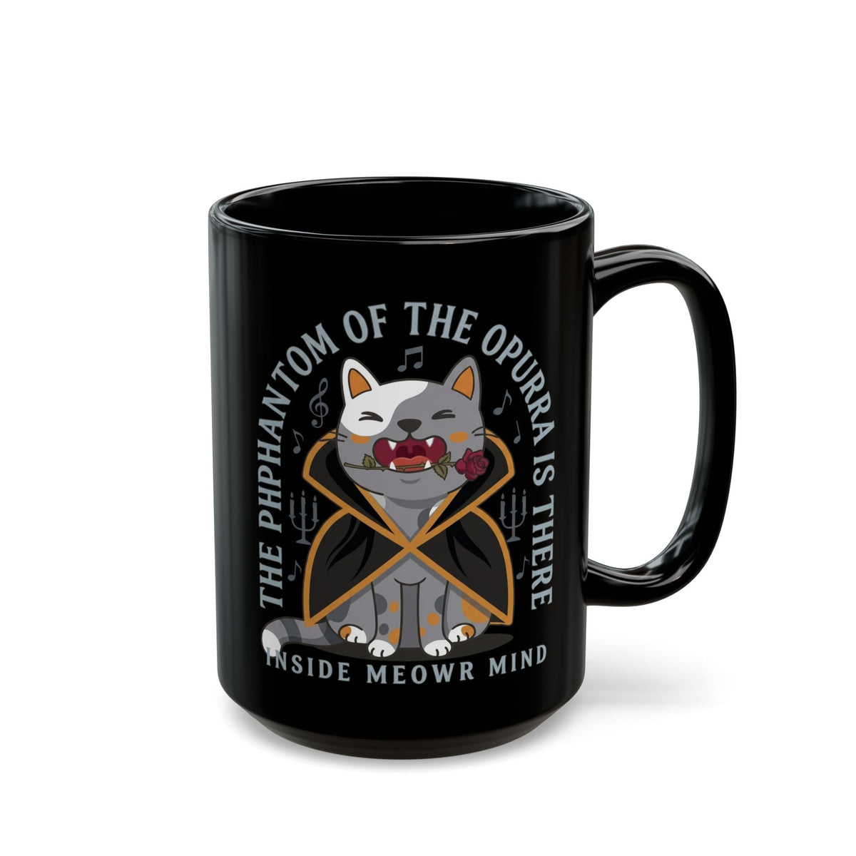 Phantom of the Opurra Black Mug — Cat Musical Parody Mug