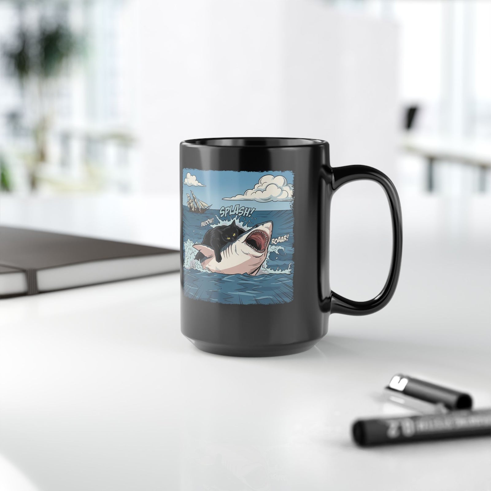 Black Cat Vs White Shark Black Mug — Funny Comic Book Ocean Battle Mug