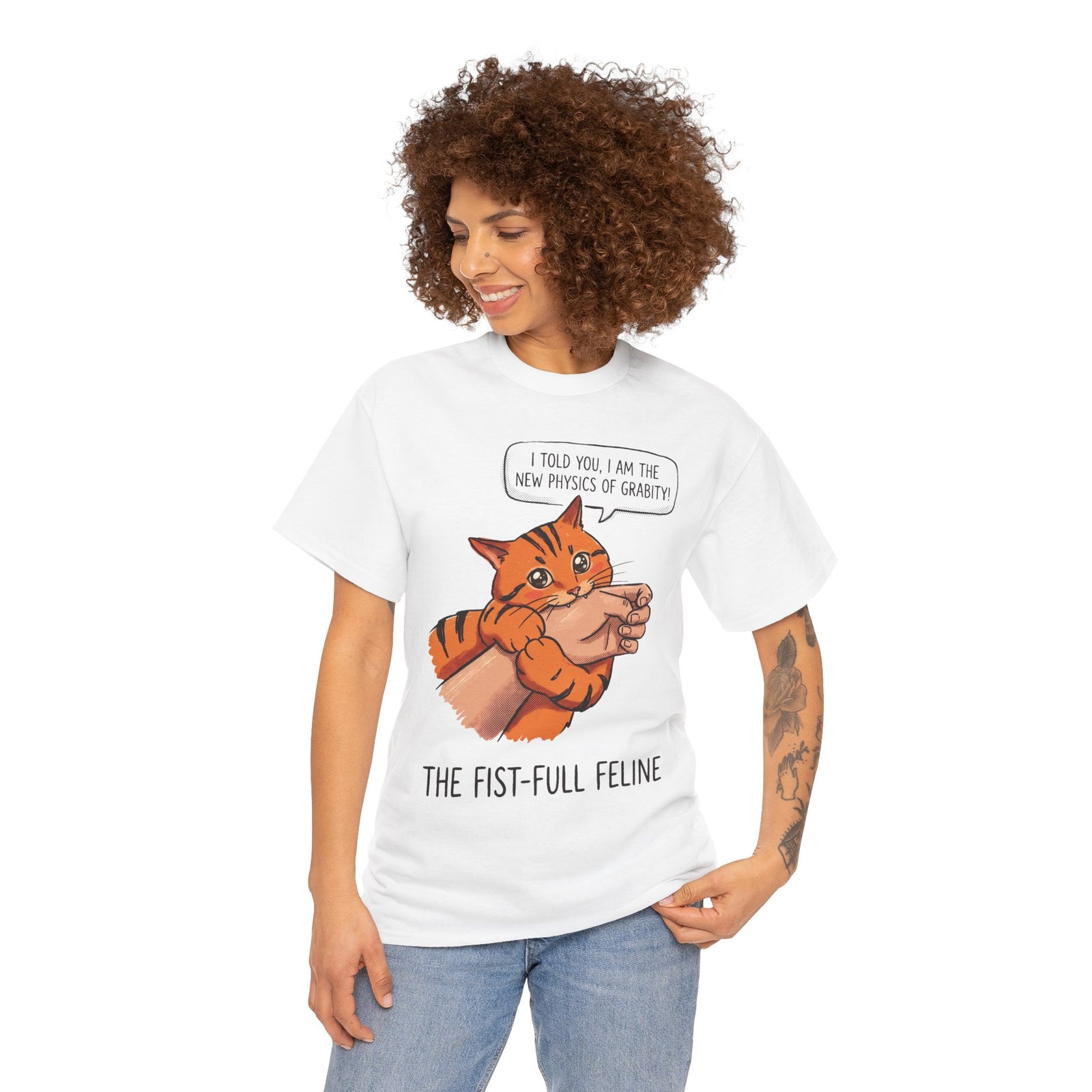 The New Physics Of Grabity T-Shirt — Funny Orange Cat Biting Hand Tee