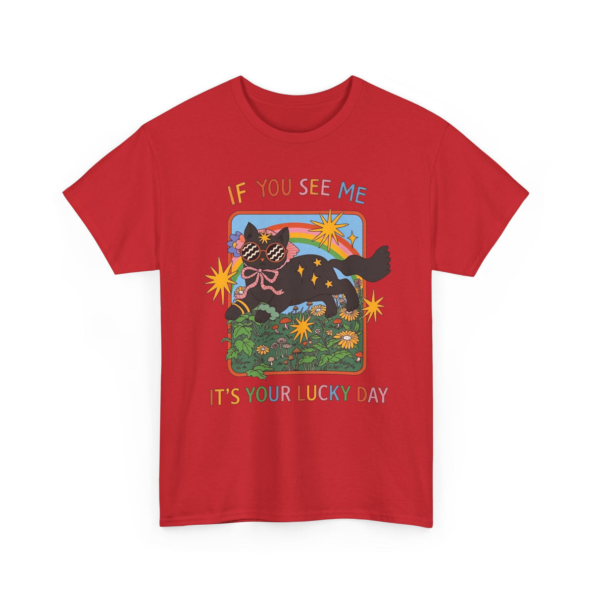 If You See Me It's Your Lucky Day T-Shirt — Retro Groovy Black Cat Rainbow Graphic Tee
