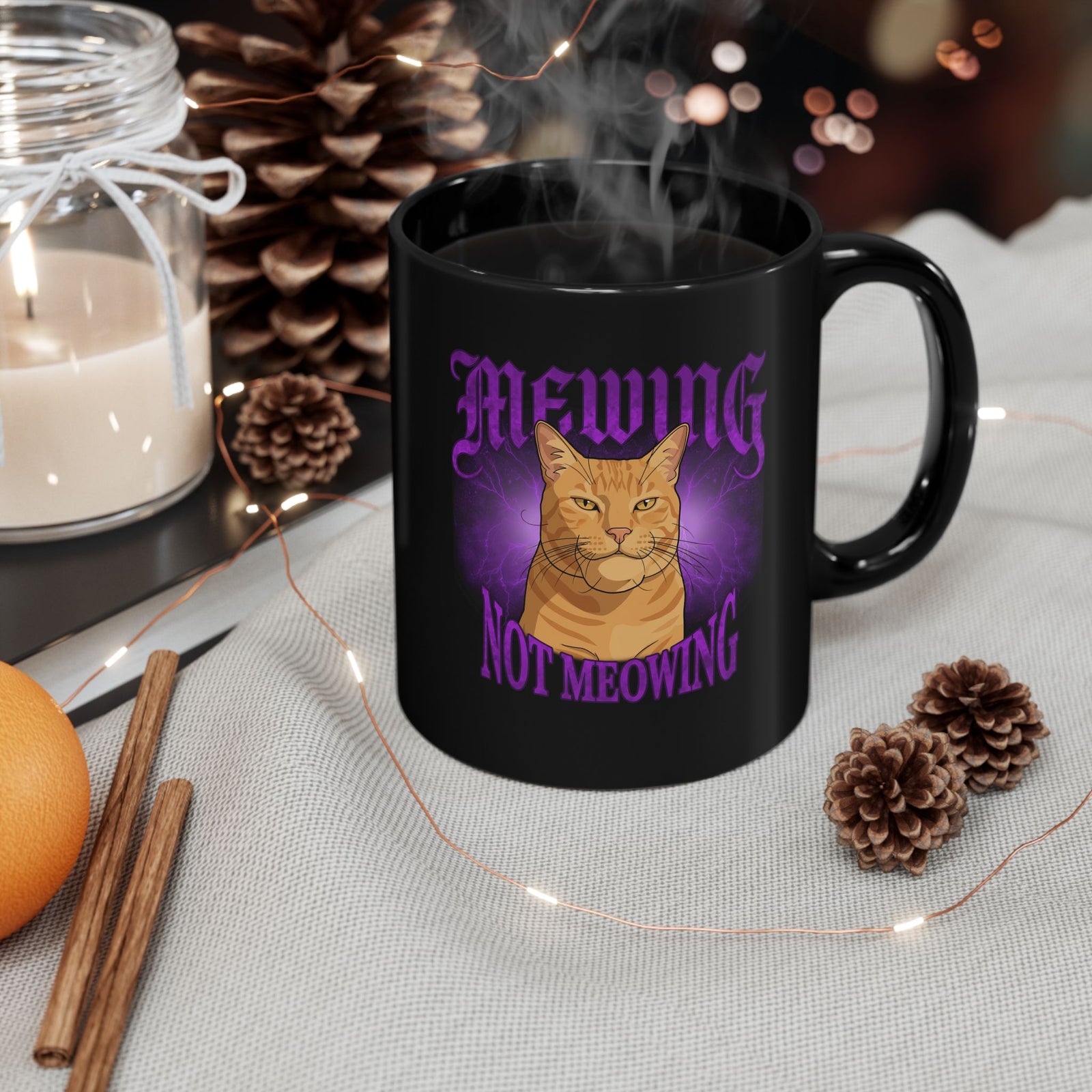 Mewing Not Meowing Cat Black Mug
