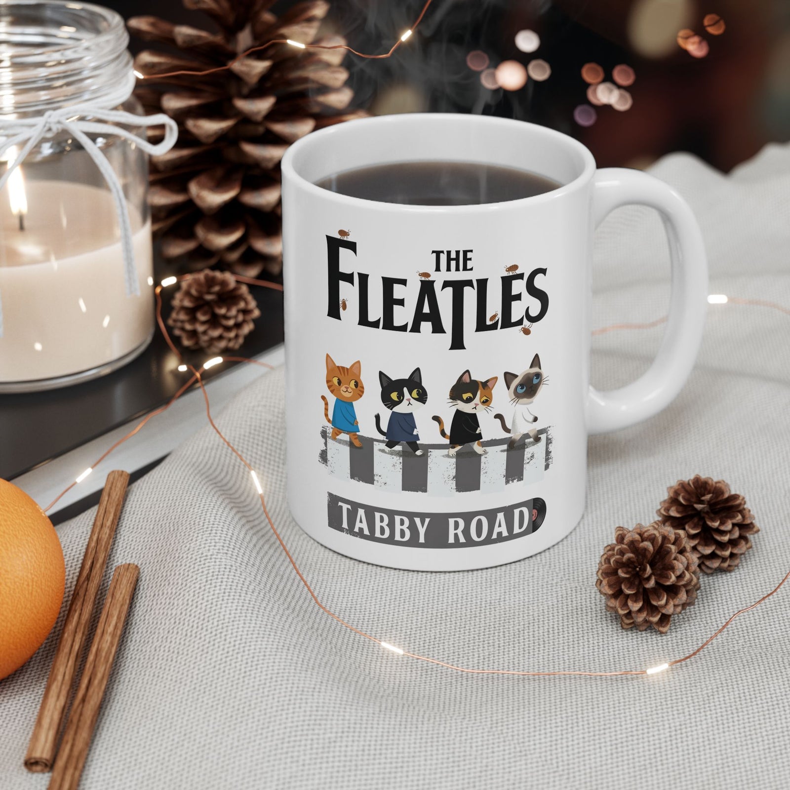 Fleatles Parody Cat Ceramic Mug — Retro Beatles-Inspired Cat Band Mug