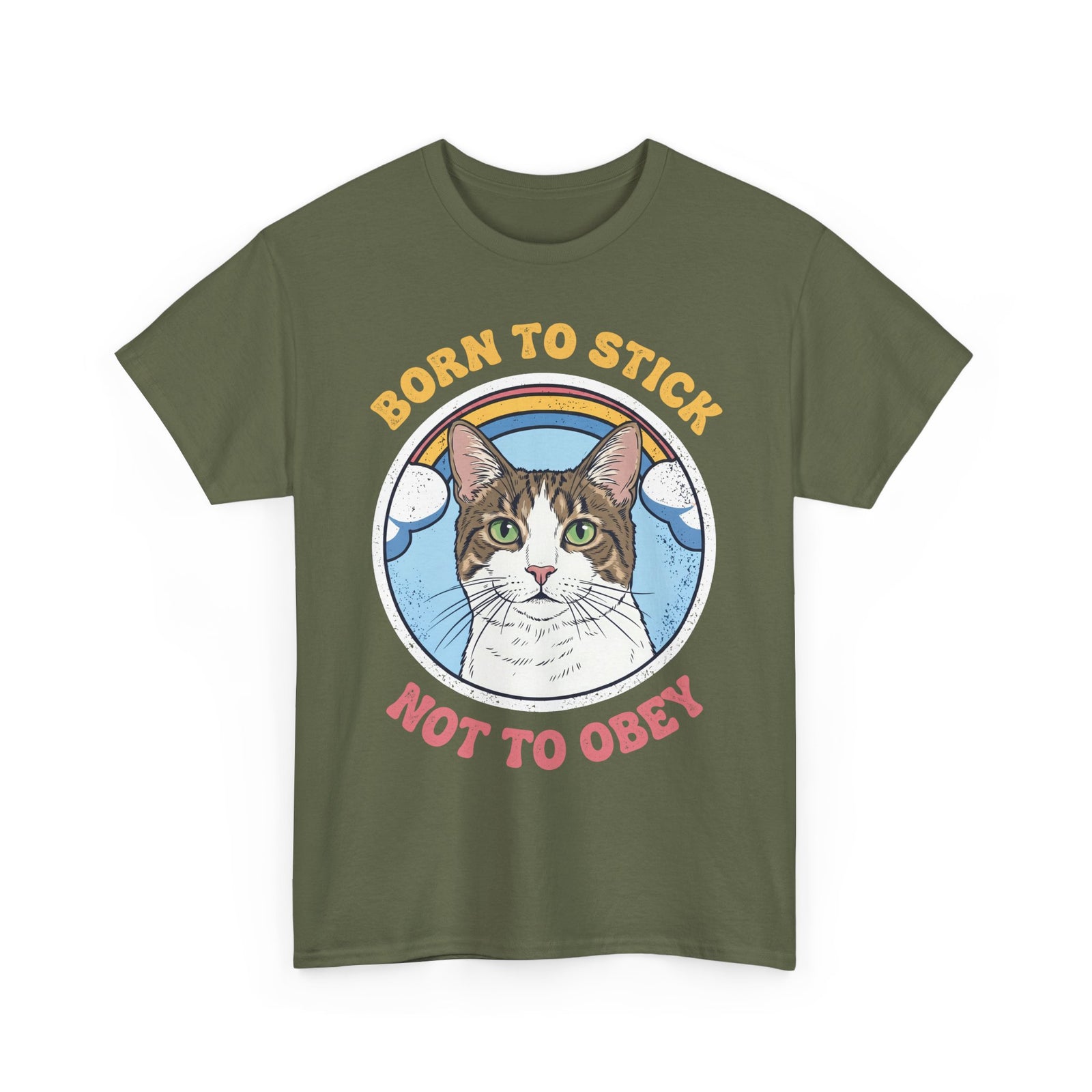 Born To Stick Not To Obey T-Shirt — Retro Rainbow Cat Graphic Tee