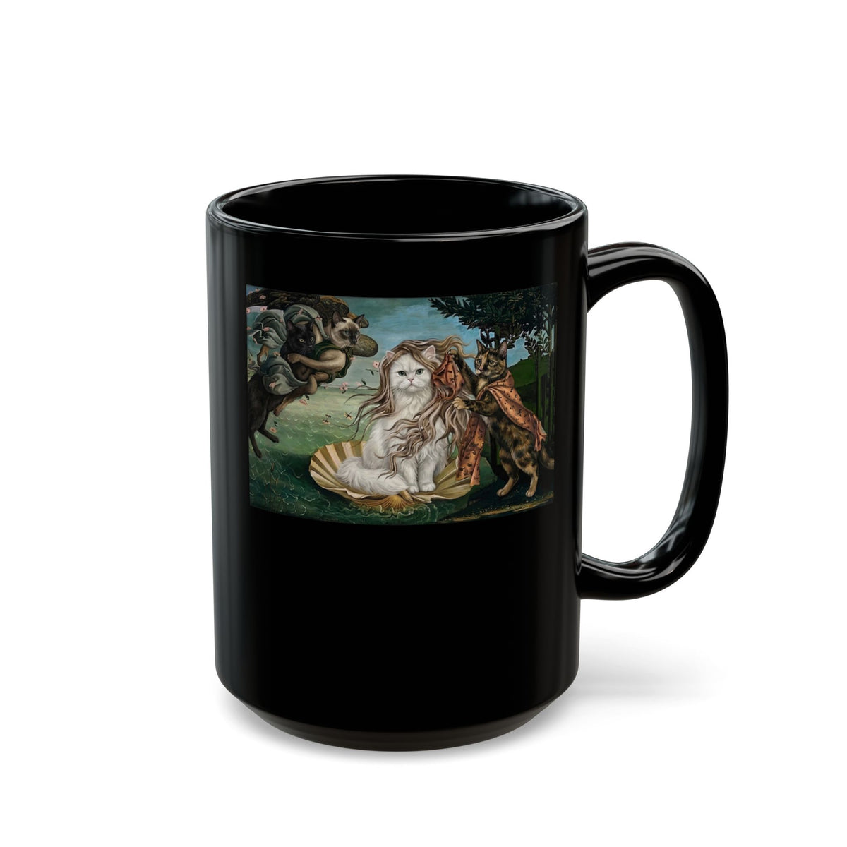 Birth of Venus Kitty Black Mug — Vintage Art Cat Mug