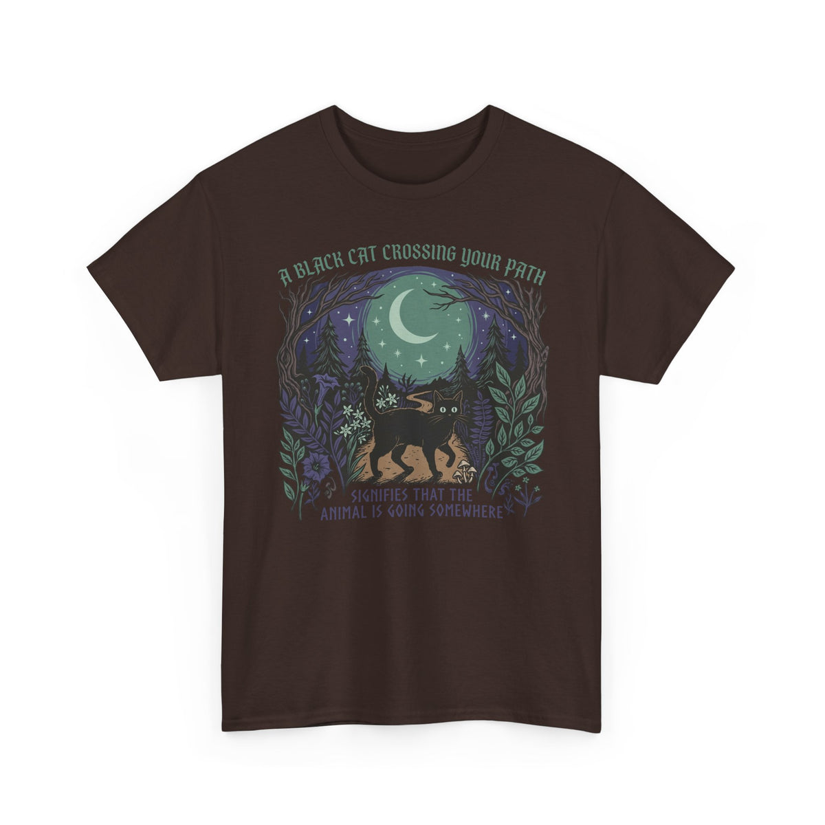 Black Cat Crossing Your Path Tee — Whimsical Moonlit Forest Cat Shirt