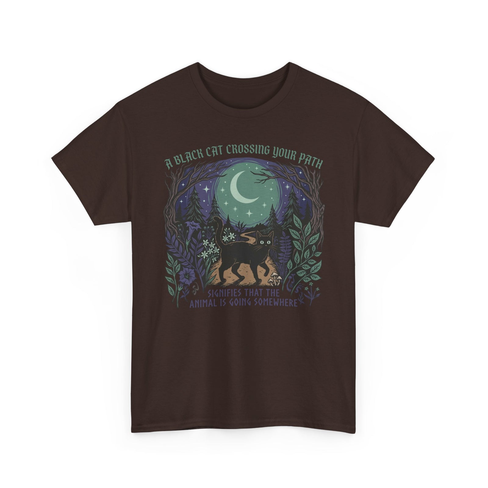 Black Cat Crossing Your Path Tee — Whimsical Moonlit Forest Cat Shirt