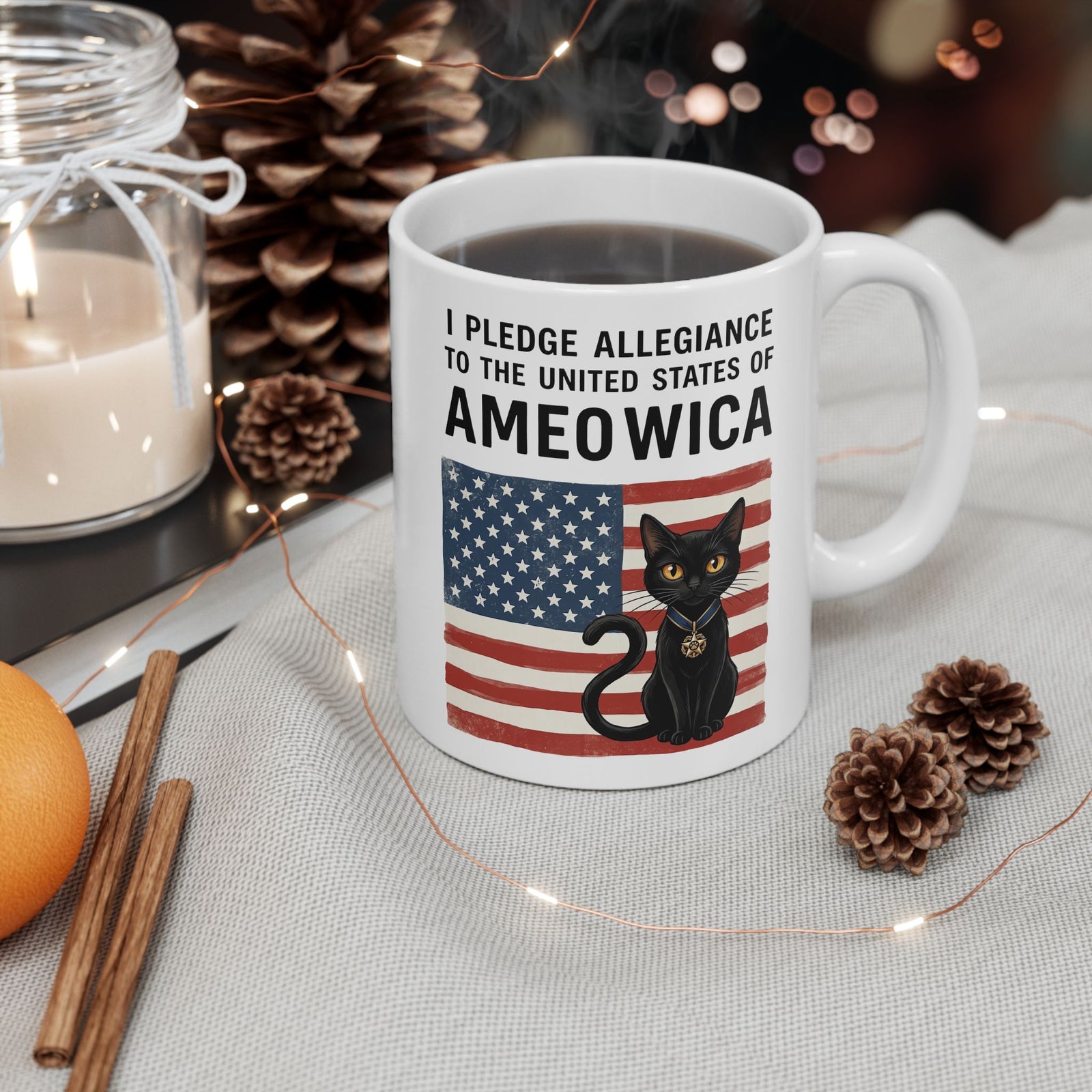 United States of Ameowica Funny Patriotic Black Cat Ceramic Mug