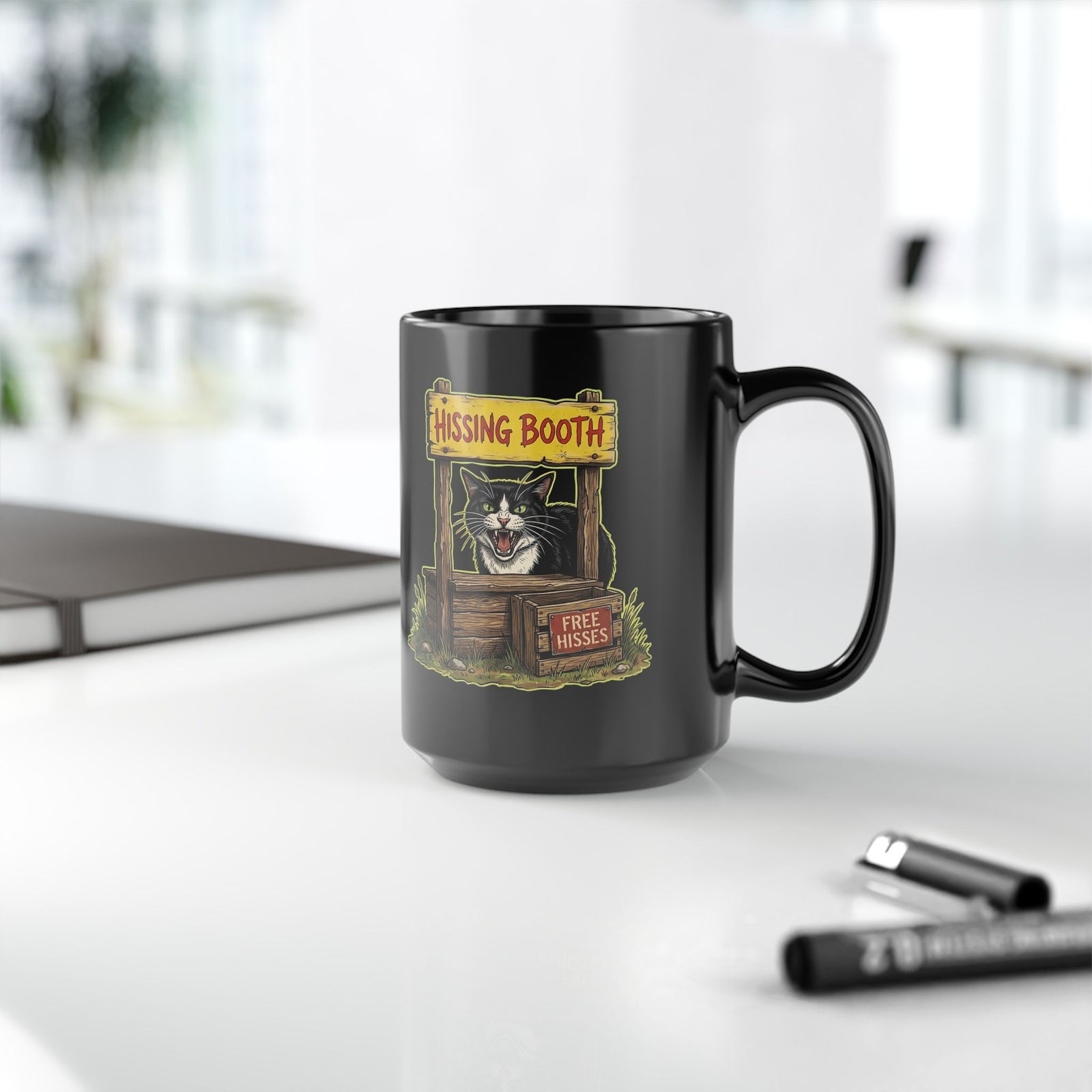 Hissing Booth Cat Black Mug