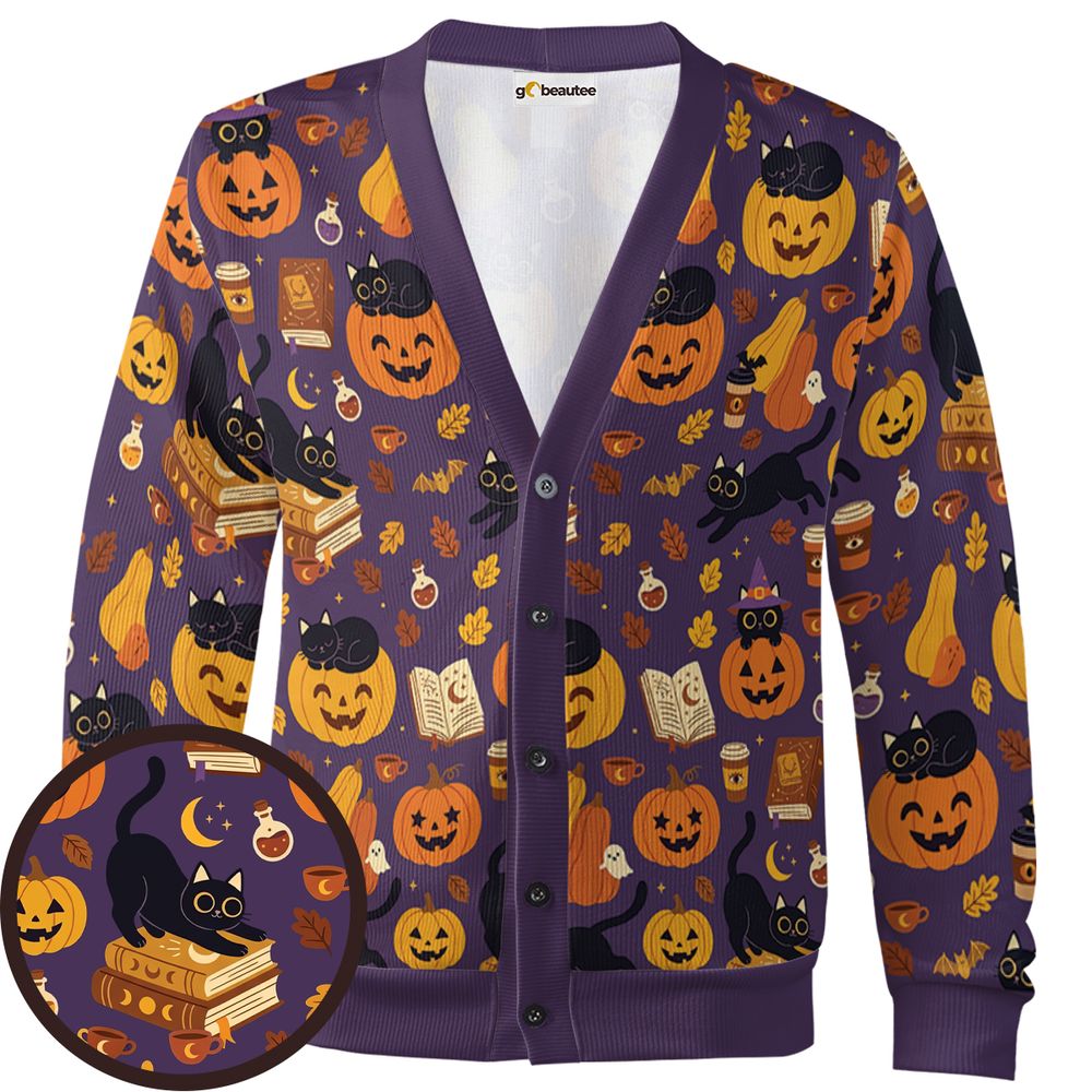 Purple Spooky Black Cat &amp; Pumpkin Magic Cardigan -  - 1