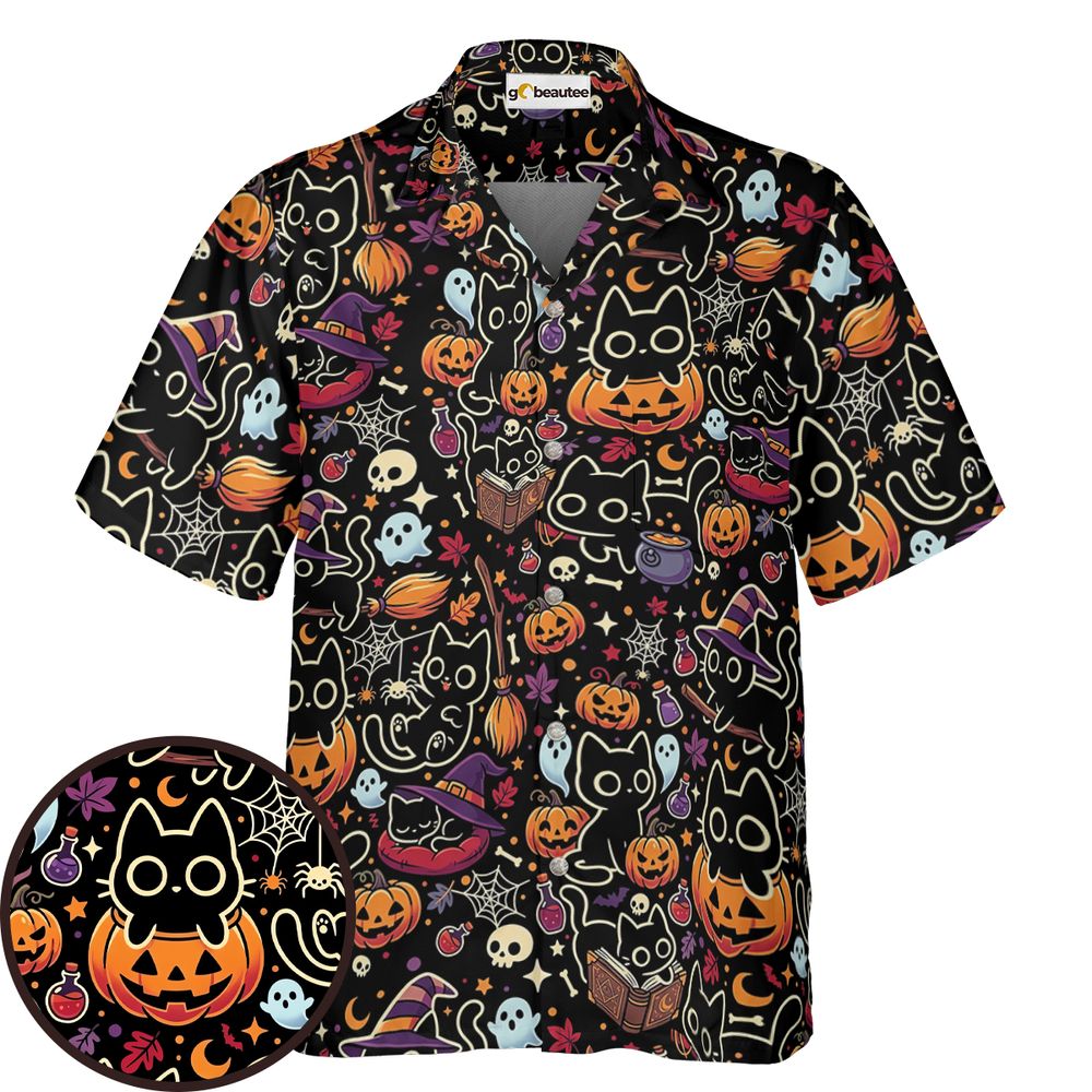 Black Cat and Pumpkin Hawaiian Shirt -  - 1
