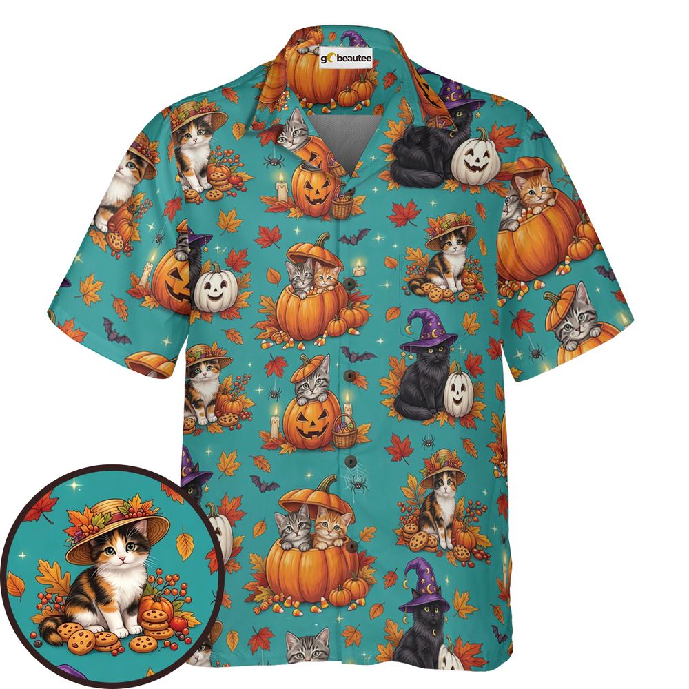 Festive Fall Pumpkin &amp; Witch Cat Hawaiian Shirt -  - 1