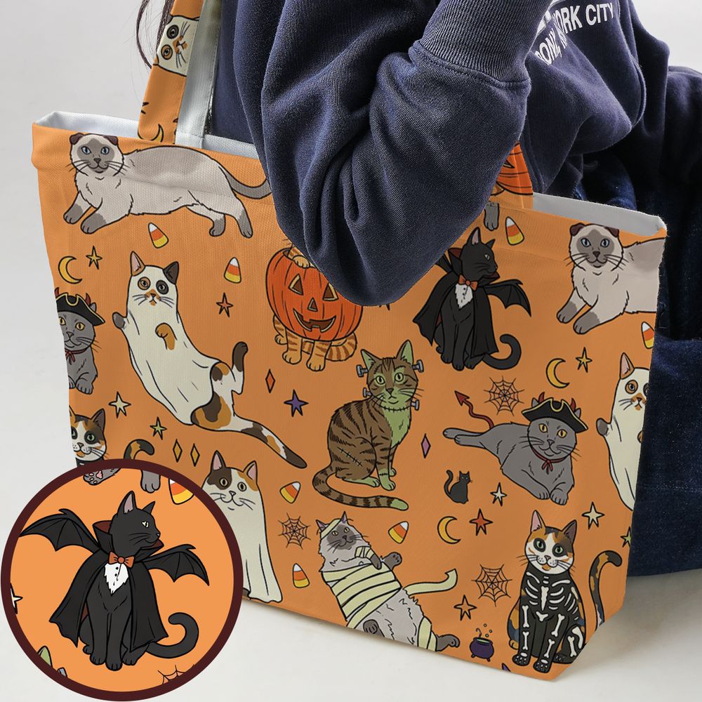 Spooky Orange Halloween Costume Cats Pattern Large Tote Bag -  - 1