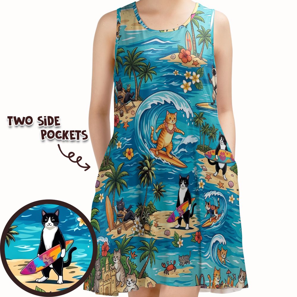 Cats Surfing Sleeveless Dress -  - 1