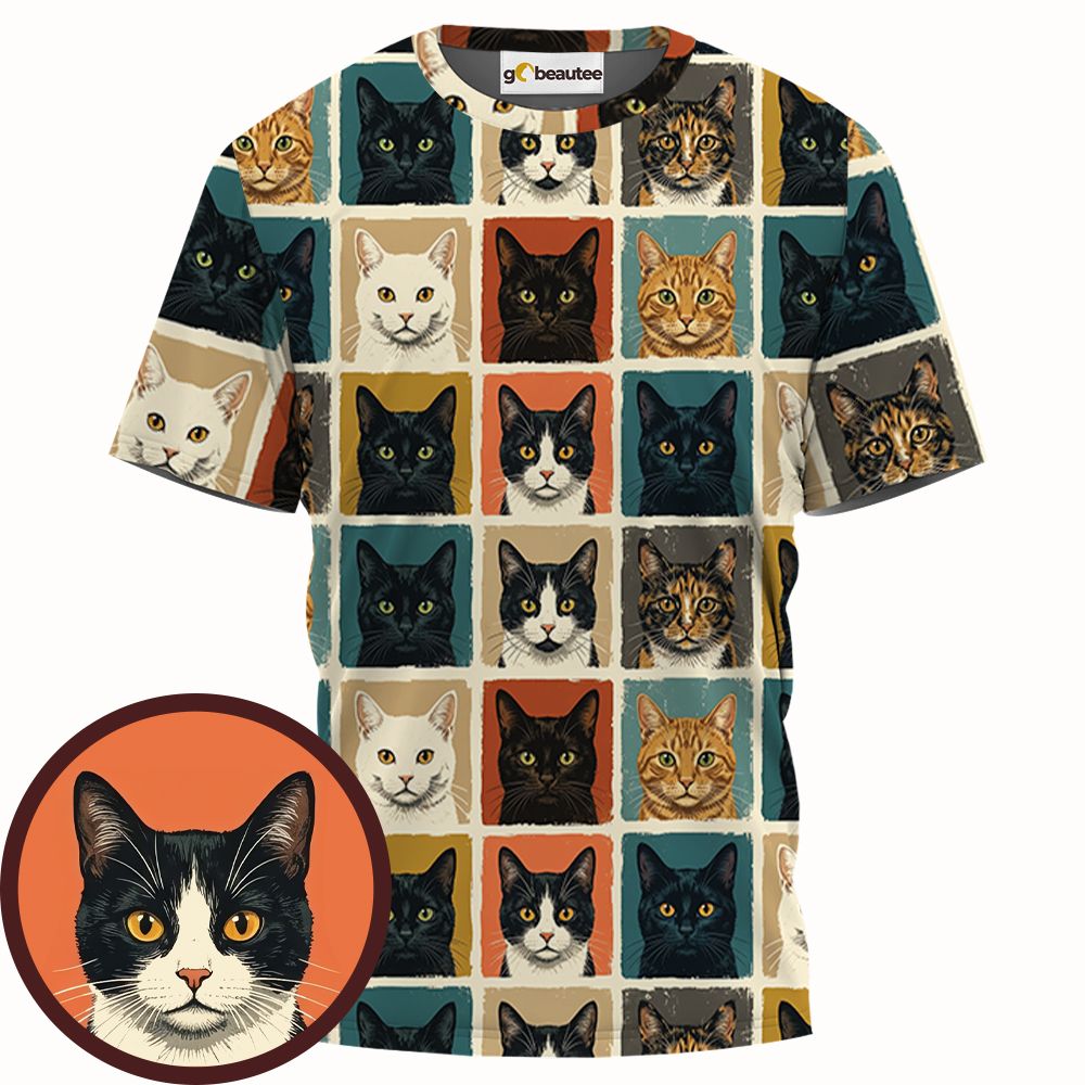 Retro Pop Art Cat Portrait Grid Full Print Unisex T-Shirt -  - 1