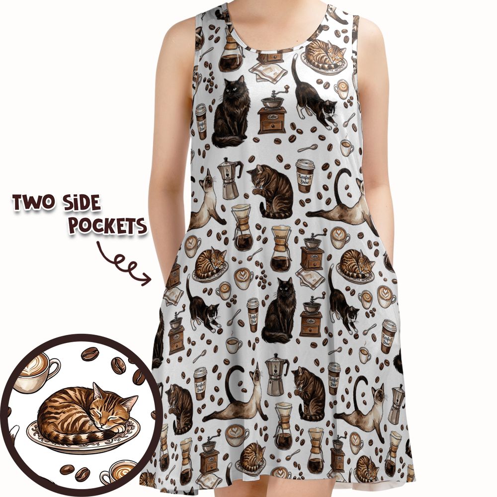Cat and Coffee Sleeveless Dress -  - 1